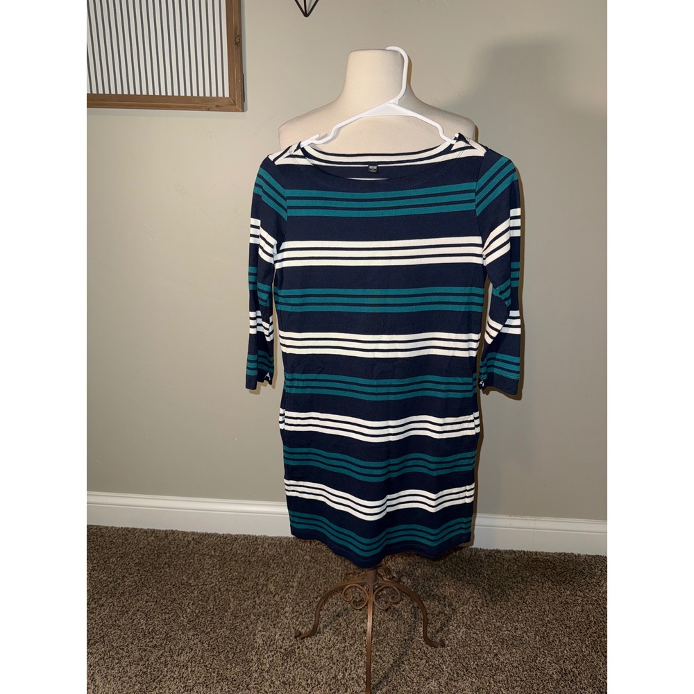 Uniqlo Women Striped Boat Neck 3/4 Sleeve‎ Dress Navy Teal White Casual